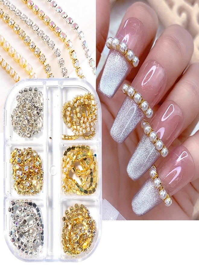 JERCLITY 1 Box 6 Strips Nail Chains for Nail Art Gold Silver Alloy Metal Nail Art Chains Inlay Pearl Rhinestone AB Diamond for Acrylic Nail Art Punk Nail Studs Jewelry Accessories for Women Nail Art - Image 2